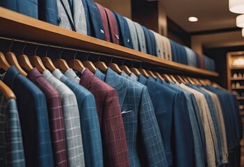 In a clothing store, a mannequin is displayed wearing a blue suit and tie