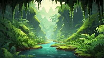 Wall Mural - Lush Fern Valley Cartoon Background Design