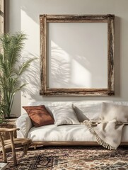 Wall Mural - Rustic reclaimed wood mockup frame with natural textures and imperfections in a cozy inviting farmhouse style living room interior  Soft diffused daylight illuminates the space