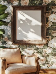 Wall Mural - Rustic wooden frame in a cozy farmhouse living room interior featuring vintage floral wallpaper a plush armchair and natural sunlight creating a soft focus effect for a traditional