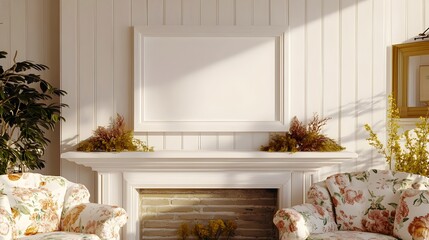 Wall Mural - Serene and cozy farmhouse style living area with floral upholstery whitewashed pine details and a vintage inspired wood frame centered on the mantelpiece