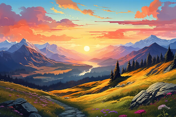 Attractive Golden hour in the mountains with colorful sky and serene valleys