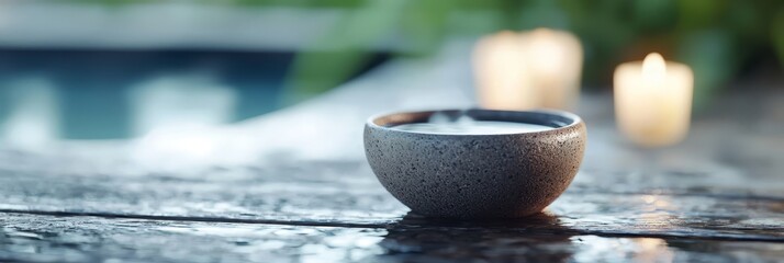 Wall Mural -  A tight shot of a coffee cup on a table, candles flickering in the background Behind the scene, a tranquil pool shimmers