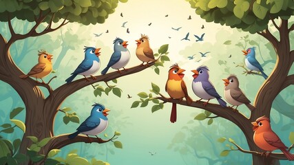 Wall Mural - Singing Birds in Trees Cartoon Background Design