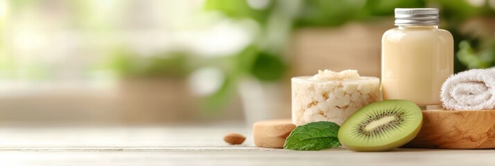  A bottle of milk, soap, a sliced kiwi, and a towel atop a wooden stand on the table