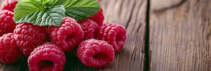 Wall Mural -  A wood table holds a cluster of red raspberries, each topped with a green leaf A spoon sits nearby