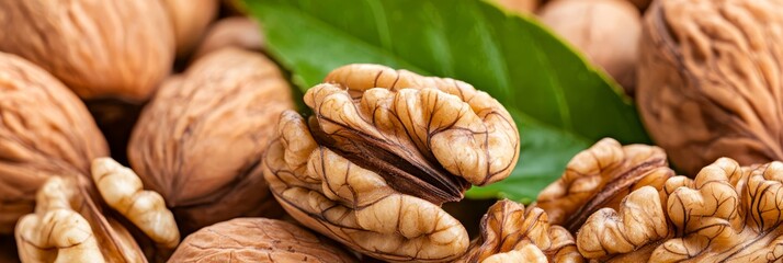 Wall Mural -  A tight shot of nuts with a green leaf positioned at their center The nuts are brown, and the leaf is green