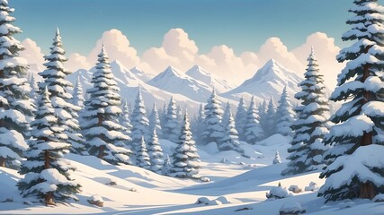 Wall Mural - snowcovered pine  trees cartoon background design