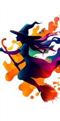 A witch flying on a broomstick, flat vector, bright colors and playful design, isolated on white background