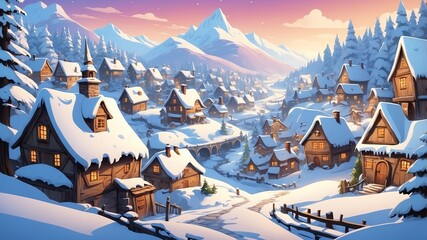 Canvas Print - Snowy Village Cartoon Background Design