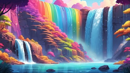 Canvas Print - Sparkling Rainbow Waterfall Cartoon Background Design