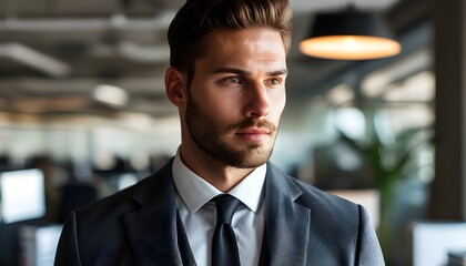 Professional male businessman in classic suit and tie exuding confidence in modern office setting