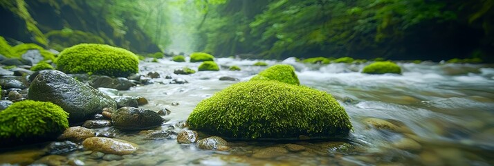 Wall Mural -  A stream winds through a verdant forest, teeming with numerous rocks topped with emerald moss