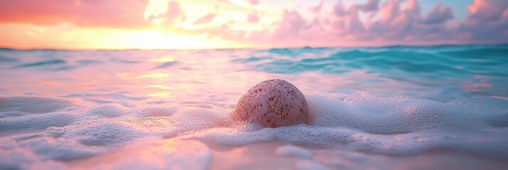 Poster -  A tight shot of an egg nestled in sand, beachfront, with the vast ocean as the backdrop and clouds scattering the sky above