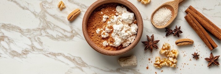 Wall Mural -  A bowl of food sits on the counter, near cinnamon and star anise on the table