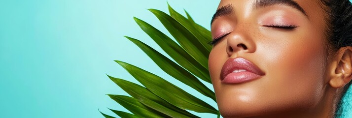 Wall Mural -  A woman with her eyes closed, a green palm leaf before her face