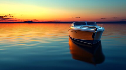 Wall Mural - a sleek boat floats on calm water at sunset, reflecting vibrant hues of orange and blue in a serene 