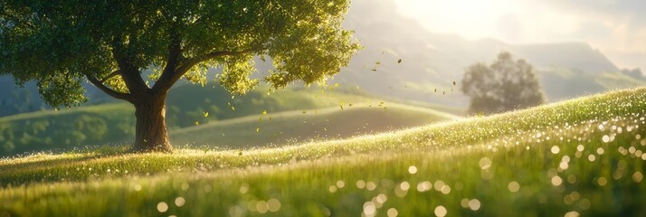 Wall Mural -  A solitary tree in a sprawling grassy field Sun rays filtering through its leaves Wind rustling grass around