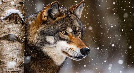 A wolf peeking out from behind a tree in the snow