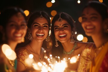 A group of women laughing and holding sparklers, celebrating together under glowing festival lights