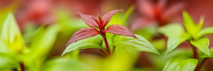 Wall Mural -  A red flower, with its petals in focus, lies before green foliage Behind, a red brick wall stands distinguished