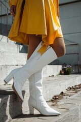 Wall Mural - Fashionable Woman in Yellow Dress and White Boots Posing Outdoors