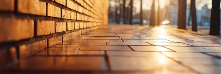 Wall Mural -  A tight shot of a sunlit brick wall, trees casting dappled shadows beyond