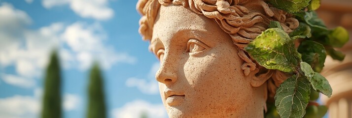 Wall Mural -  A tight shot of a woman statue, adorned with a flower in her long, flowing hair, and a wreath of green leaves resting atop her head