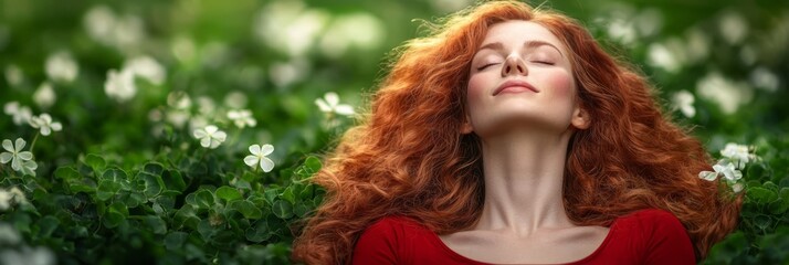  A woman with red hair and closed eyes gazes up at the sky amidst a field of white flowers