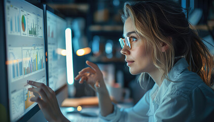 Aufkleber - A corporate financial analyst woman working on her computer, surrounded by financial charts and documents.