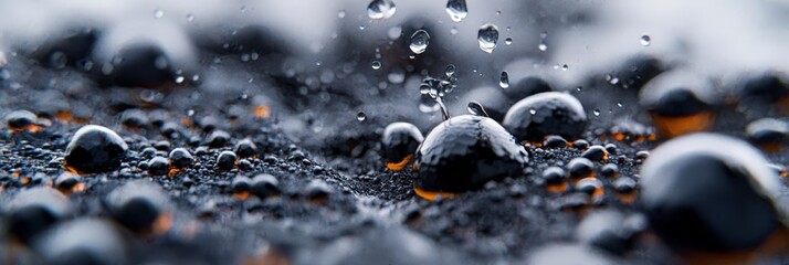 Wall Mural -  A tight shot of water droplets on a black backdrop, speckled with orange and white spots