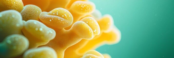  A tight shot of an orange-yellow substance, adorned with droplets of water atop and below