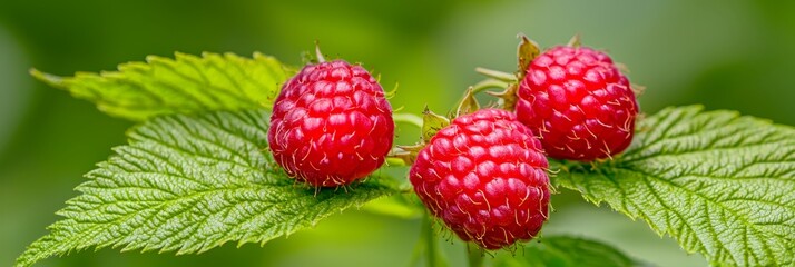 Wall Mural -  Three red raspberries atop a green leafy branch against a softly blurred backdrop