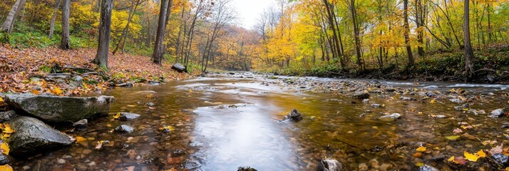 Wall Mural -  A forested stream with abundant yellow and orange leaf-covered ground