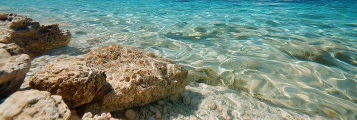 Wall Mural - water body with foreground rocks and a distant small boat