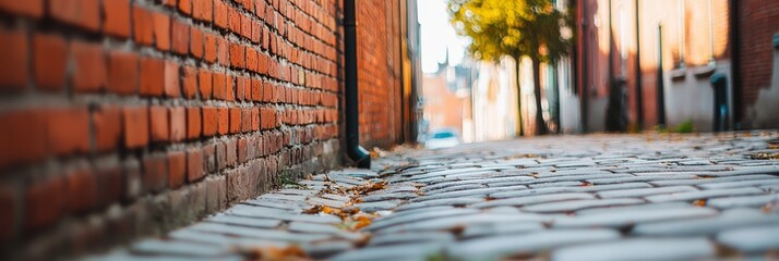  A brick wall abuts a sidewalk, leaves scattering at its base, tree looming on the opposite side