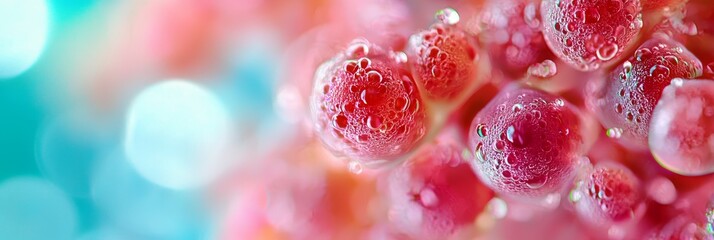 Wall Mural -  A tight shot of water droplets against a pink-blue backdrop, with a softly blurred light source in the distance