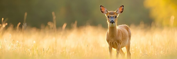 Wall Mural -  A deer up-close in a towering grass field, background blurred with trees