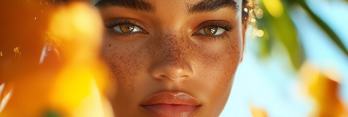 Wall Mural -  A close-up of a woman's face adorned with freckles