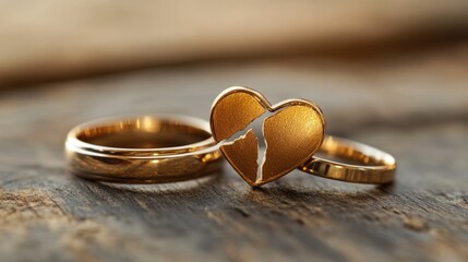 A split heart between two wedding rings, representing the heartbreak and finality of divorce proceedings.