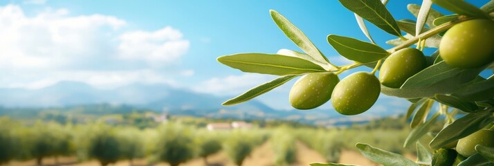 Wall Mural -  An olive tree with green olives in the foreground; behind, a blue sky dotted with white clouds