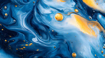 Vibrant blue and yellow liquid textures create mesmerizing abstract pattern, showcasing fluid dynamics and glossy bubbles. interplay of colors evokes sense of depth and movement