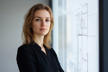 Confident architect standing by window with blueprint background