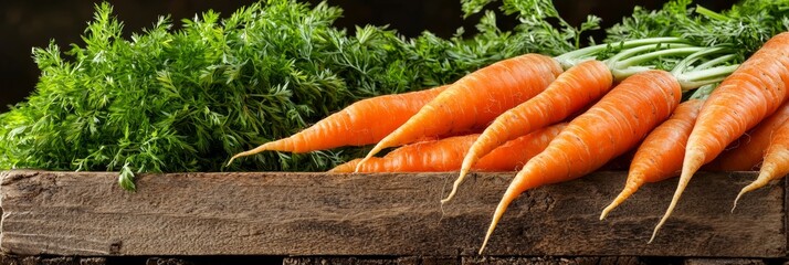  A wooden box holds a stack of carrots, nearby sits a mound of green, leafy plants