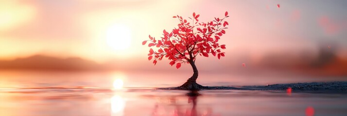 Wall Mural -  A small tree in the midst of a body of water, sun setting behind