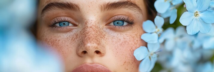 Wall Mural -  A woman with abundant freckles on her face and blue flowers proximally arranged