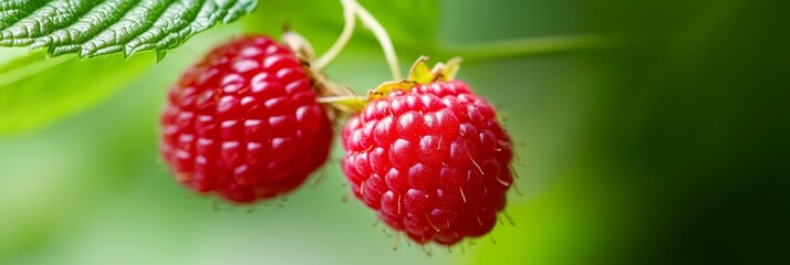  A tight shot of two ripe raspberries on a branch, with a lush green leaf adjacent