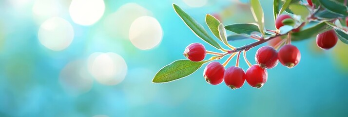 Wall Mural -  A red-berried tree branch against a sunny backdrop with bokeh of sunlight in the background