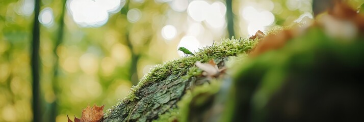 Wall Mural -  A tree branch's close-up, moss-covered with a single leaf atop