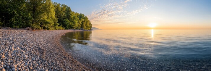  The sun sets over the lake, its reflection distorted by the water's surface Rocks line the shore, and trees border the scene